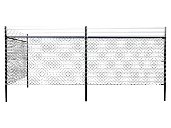 This black chain-link fence, fitted with top wires (electric fence), forms an enclosed barrier against a white backdrop.