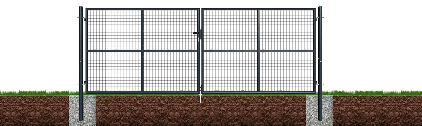 A set of double swing gate with welded mesh infills.