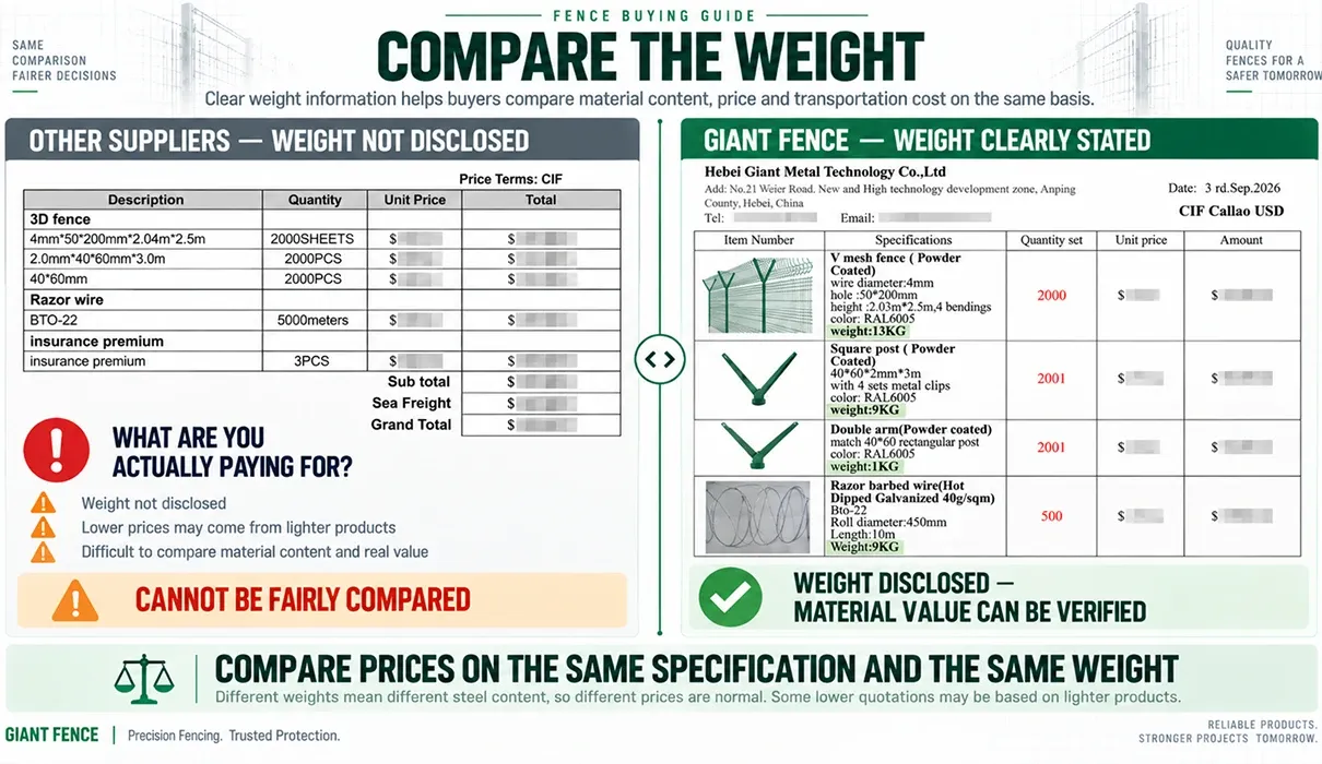 Fence weight comparison showing quotation differences and disclosed product weight.