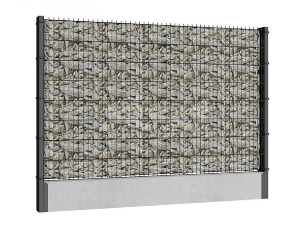 A gabion wall with natural stones in it.