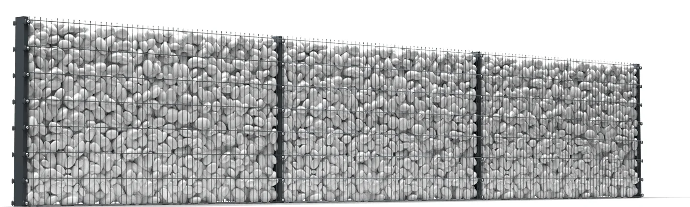 A line of gabion walls with white stones