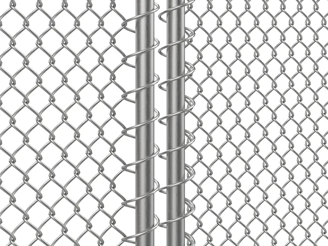 A lacing detail of galvanized New Zealand temporary fencing.