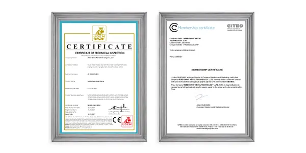A CE certificate and a CITEO certificate.