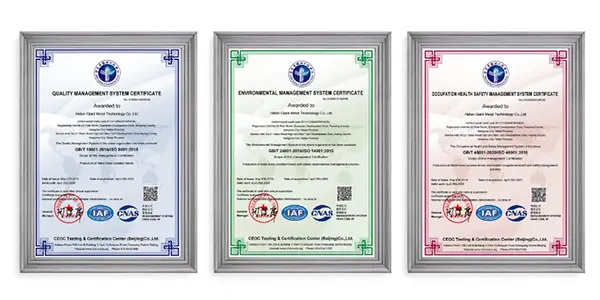 ISO 9001, ISO 14001 and ISO 45001 certificate.