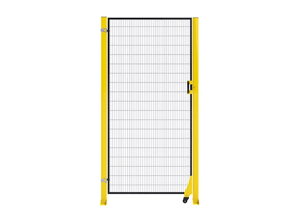 A black mesh panel and yellow post machine guarding fence single gate.