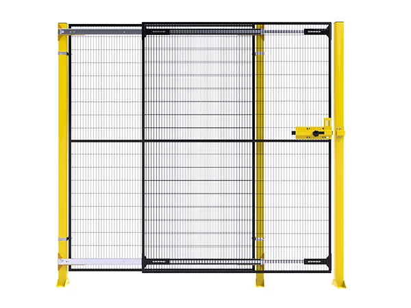 A black mesh panel and yellow post machine guarding fence sliding gate.