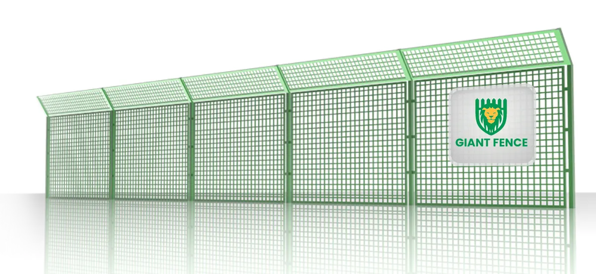 A line of security fence on the floor and the Giant Fence logo on the fence.