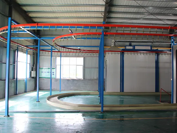 The overview of powder coating line of hinging zone.