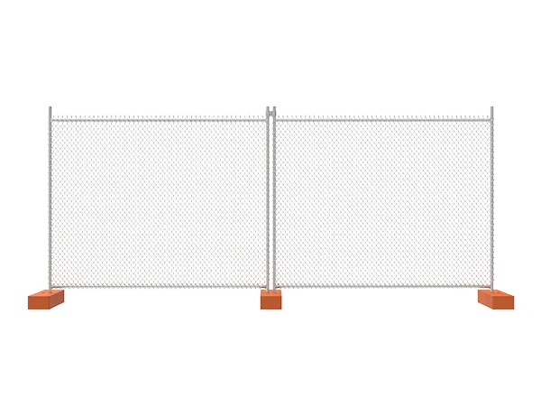 Two pieces of galvanized New Zealand temporary fencing panels are connected with clamps and plastic feet.