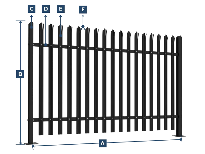 A dimension drawing of palisade fence.