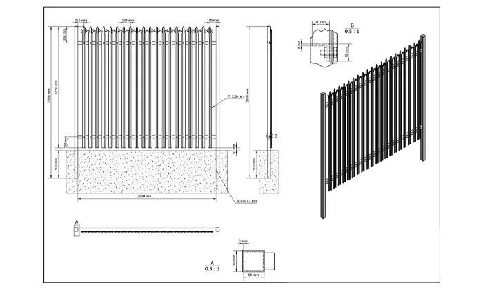 Drawing of Palisade fence panels