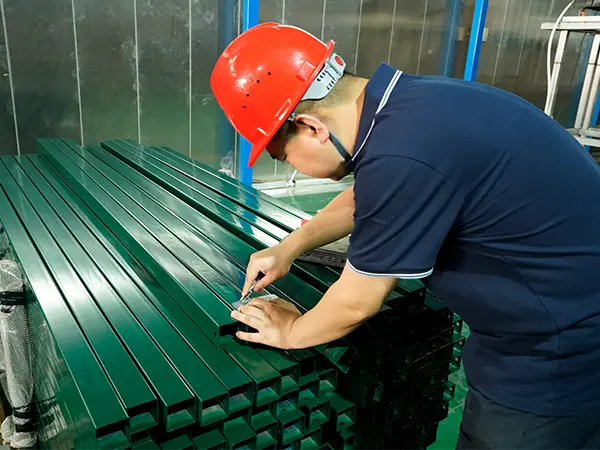 A QC worker is inspecting the coating adhesion of 3d mesh fence.