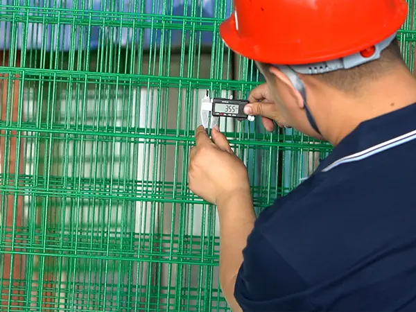 A QC worker is inspecting the coating thickness of 3d mesh fence.