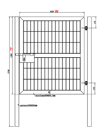 A drawing of single swing fence gate.
