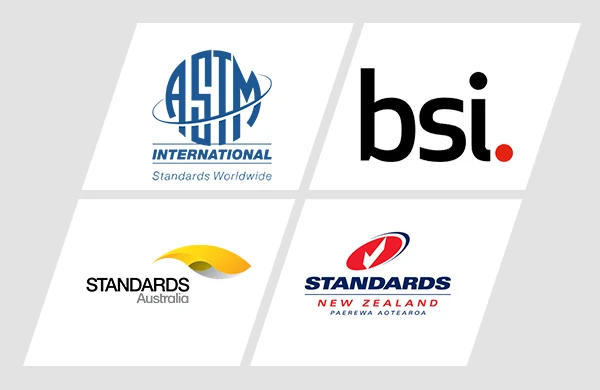 Four standard logo: ASTM, BS, AS and New Zealand Standards on a picture