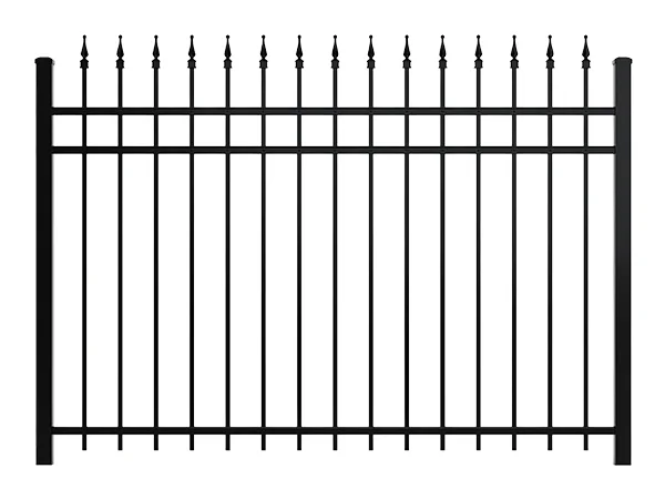 A piece of black steel tubular fence with aluminum top.