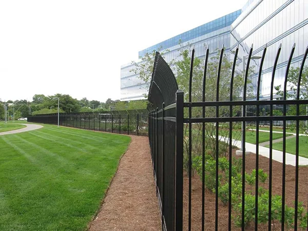 The steel tubular fences are installed outside of the office building.