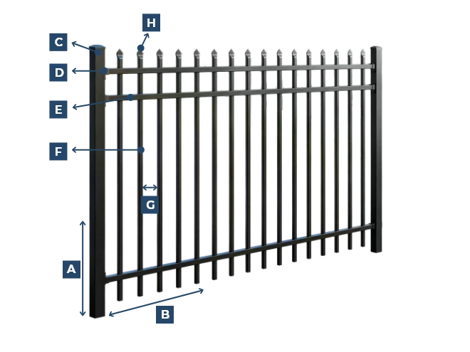 A dimension drawing of steel tubular fence.