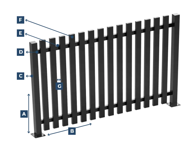 A dimension drawing of flat blade steel tubular fence.