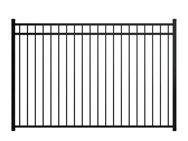 A piece of black steel tubular fence with flat top.