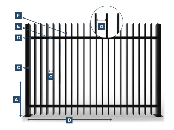 A dimension drawing of flat blade steel tubular fence.