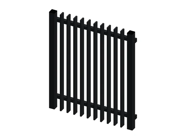 A piece of black steel tubular fence with vertical blade.