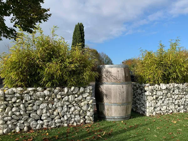 Welded Gabion wall in a landscaped garden.