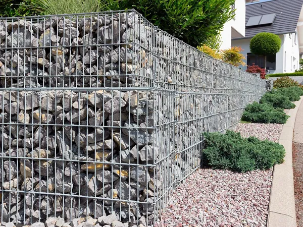 Welded Gabion stepped retaining wall in a landscaped area.