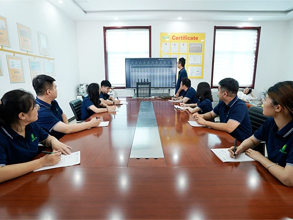 The technician is introducing products at the meeting room.