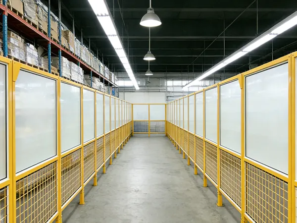 Workshop safety fence acrylic and welded type installed along a factory aisle.