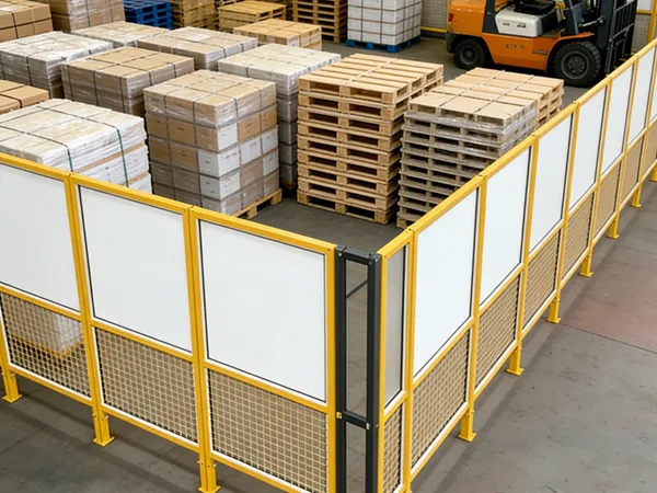 Workshop safety fence acrylic and welded type enclosing a pallet storage area.