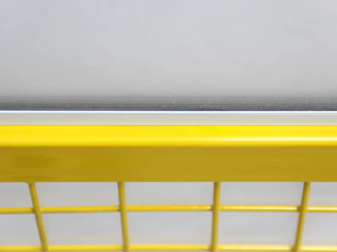 A panel-rail connection detail of workshop safety fence acrylic and welded type.