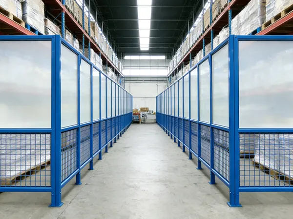 Workshop safety fence acrylic and welded type protecting a workshop passage.