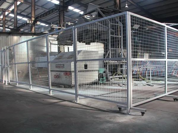 Workshop safety fence all welded type aluminum alloy enclosing industrial machinery.