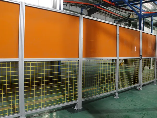 Workshop safety fence arc light panel aluminum alloy protecting a machine area.
