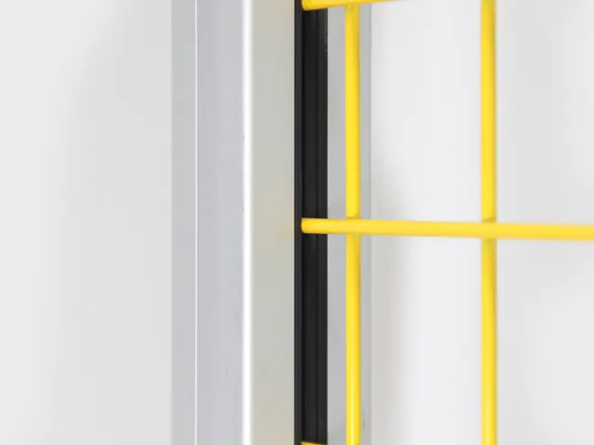A mesh panel and post connection detail of workshop safety fence arc light panel aluminum alloy.