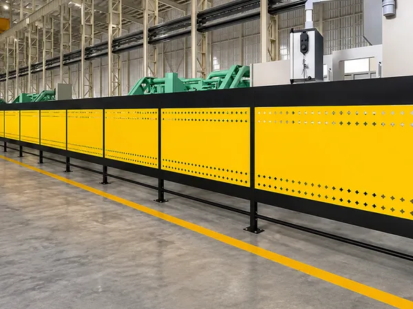 Workshop safety fence cultural guardrail installed along a factory production line.