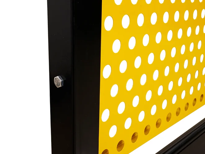 The detailed post and panel connection structure of aisle workshop safety fence.