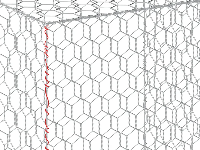 A detail picture of lacing wire of woven gabion retaining wall meshes.