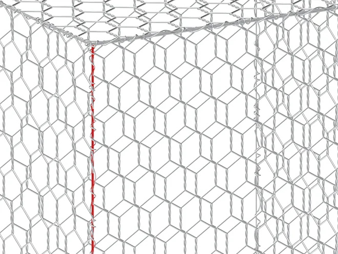 A detail picture of selvedge wire of woven gabion retaining wall meshes.